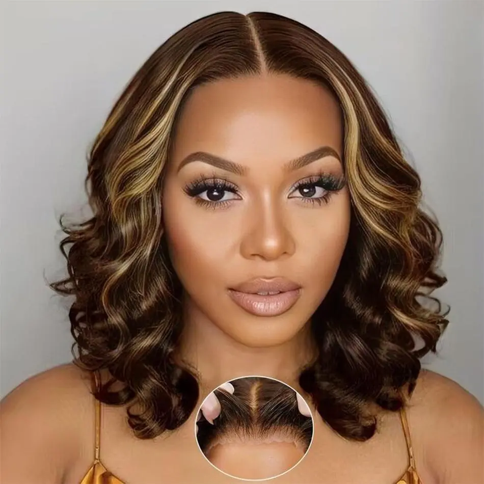 5x5 Glueless Malaysia Bob Lace Front Wig - 100% Human Hair, 250 Density Double Drawn, P4-27 Ombre Highlights, Bouncy Curls, Wear and Go