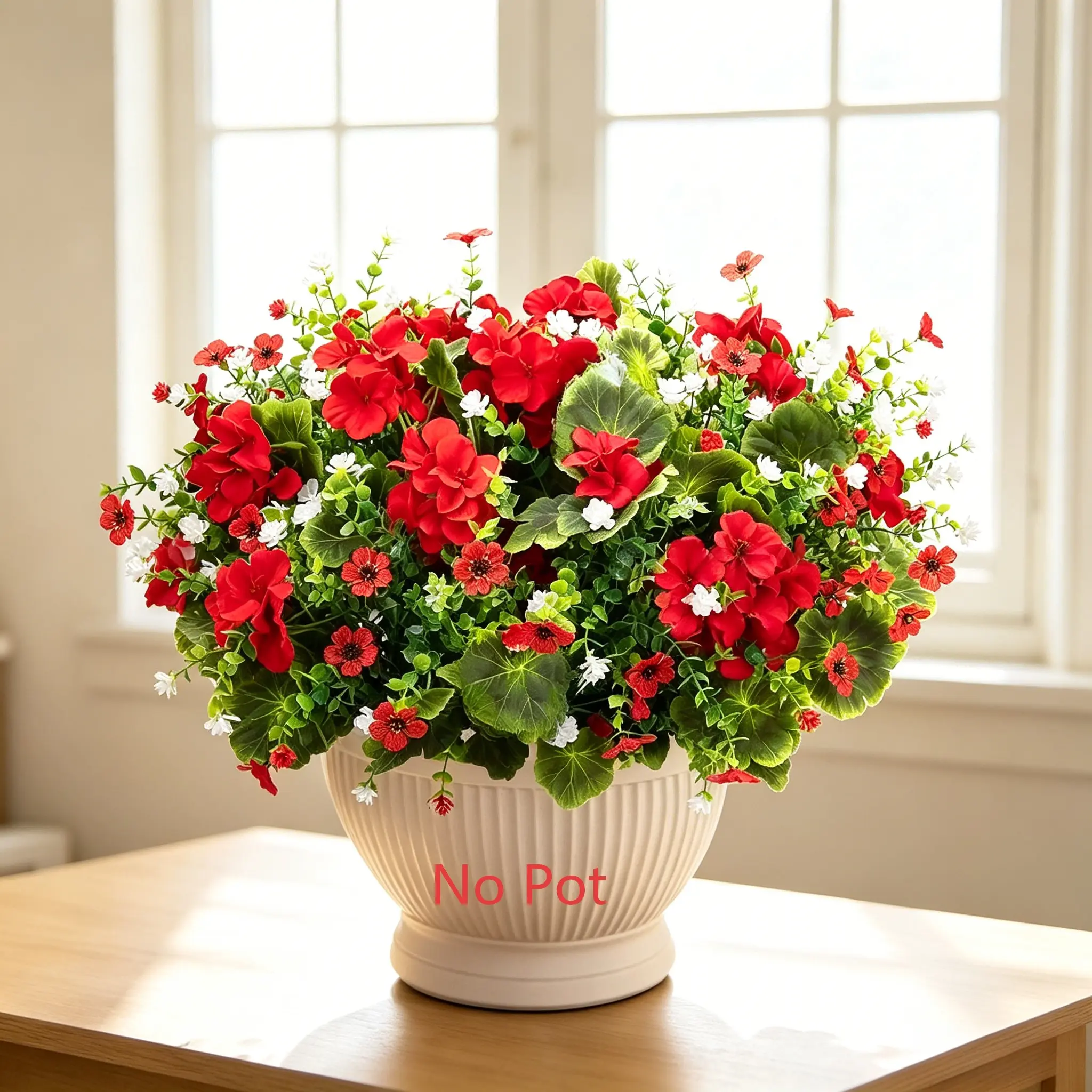 28Pcs Set UV Resistant Artificial Red Geranium Stems, Faux Camellia Violet Eucalyptus Greenery Picks, Weatherproof Floral Sprigs No Pot Included for Patio Porch Window Box Hanging Basket Garden Front Door Farmhouse Decor