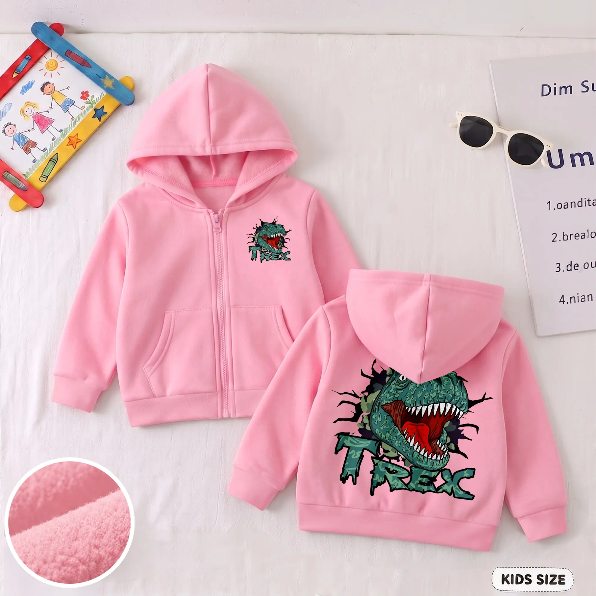 Kids Dinosaur Hoodie Jacket, Cartoon T Rex Graphic Zip Sweatshirt, Cozy Fleece Lined Hoodie for Boys Girls Daily Wear