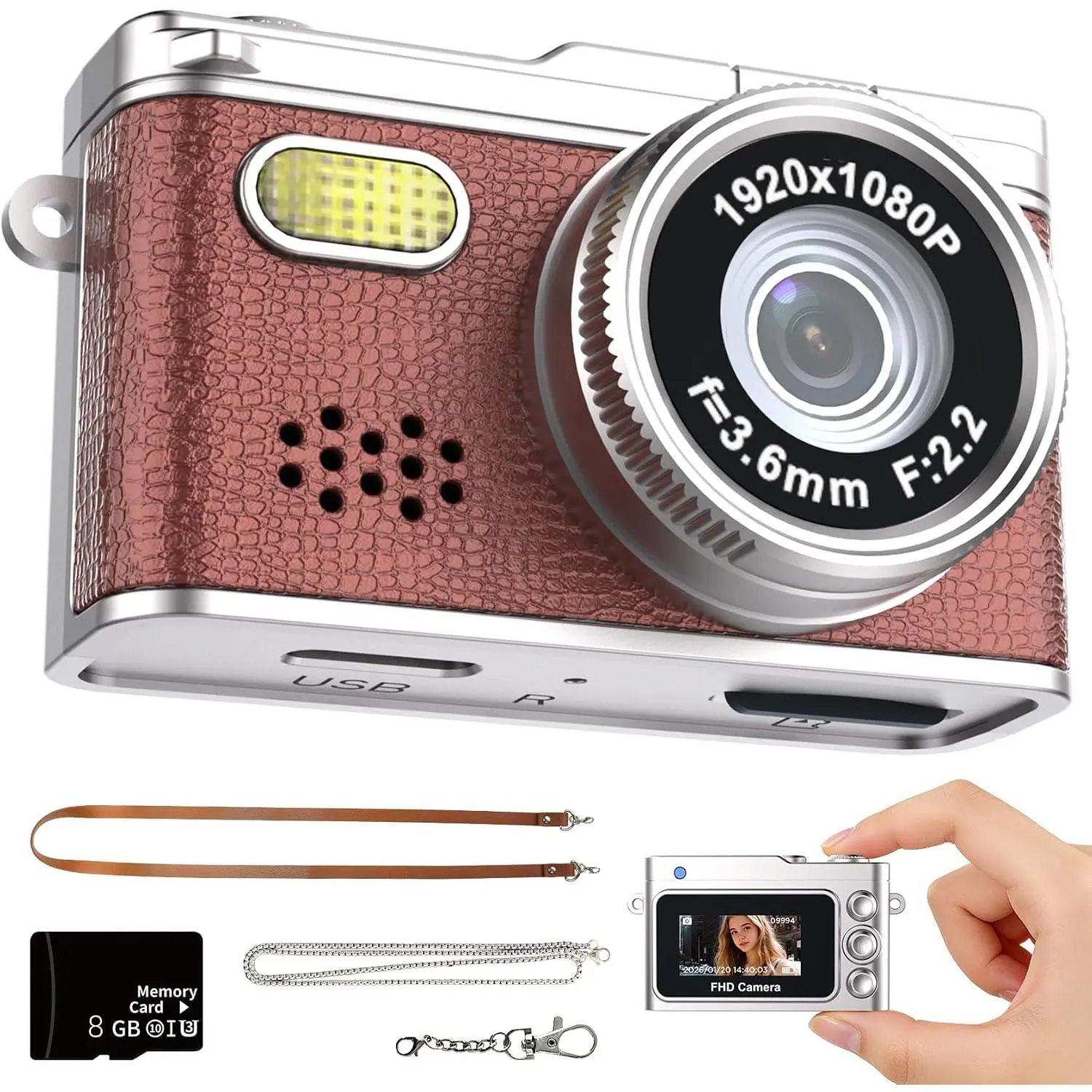 Mini Digital Camera with 0.96 in LCD Screen 1080P 8GB Card Feel of Old 90s Photographs,  Size, Birthday Gifts (Brown)