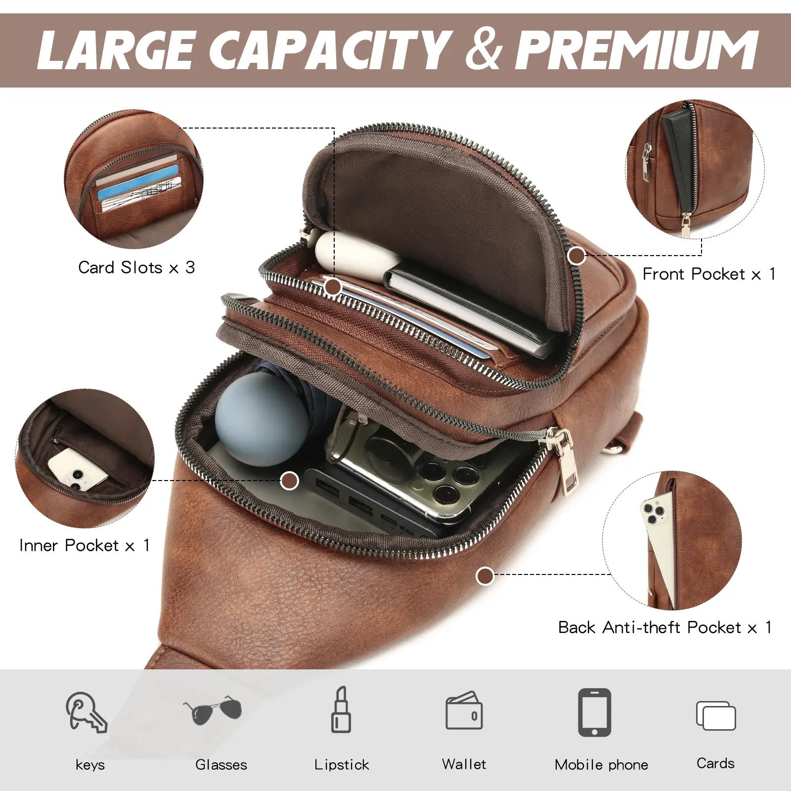 Sling Bag Small Crossbody Backpack Purse 2 in 1 Vegan Leather Cross Body Bag Fanny Pack with 2 Removable Strap Chest Shoulder Bag for Travel Daily Use