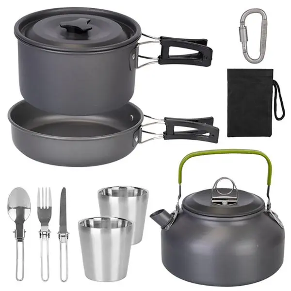 12 Piece Camping Cookware Set, Lightweight Aluminum Pot, Pan & Kettle with Food-Grade 304 Stainless Steel Utensils and Foldable Heat-Resistant Handles, Anti-Slip, Food-Grade Safe-3391, Great Gift For Camping Lovers, Hiking, Lightweight Design, Outdoor Tri