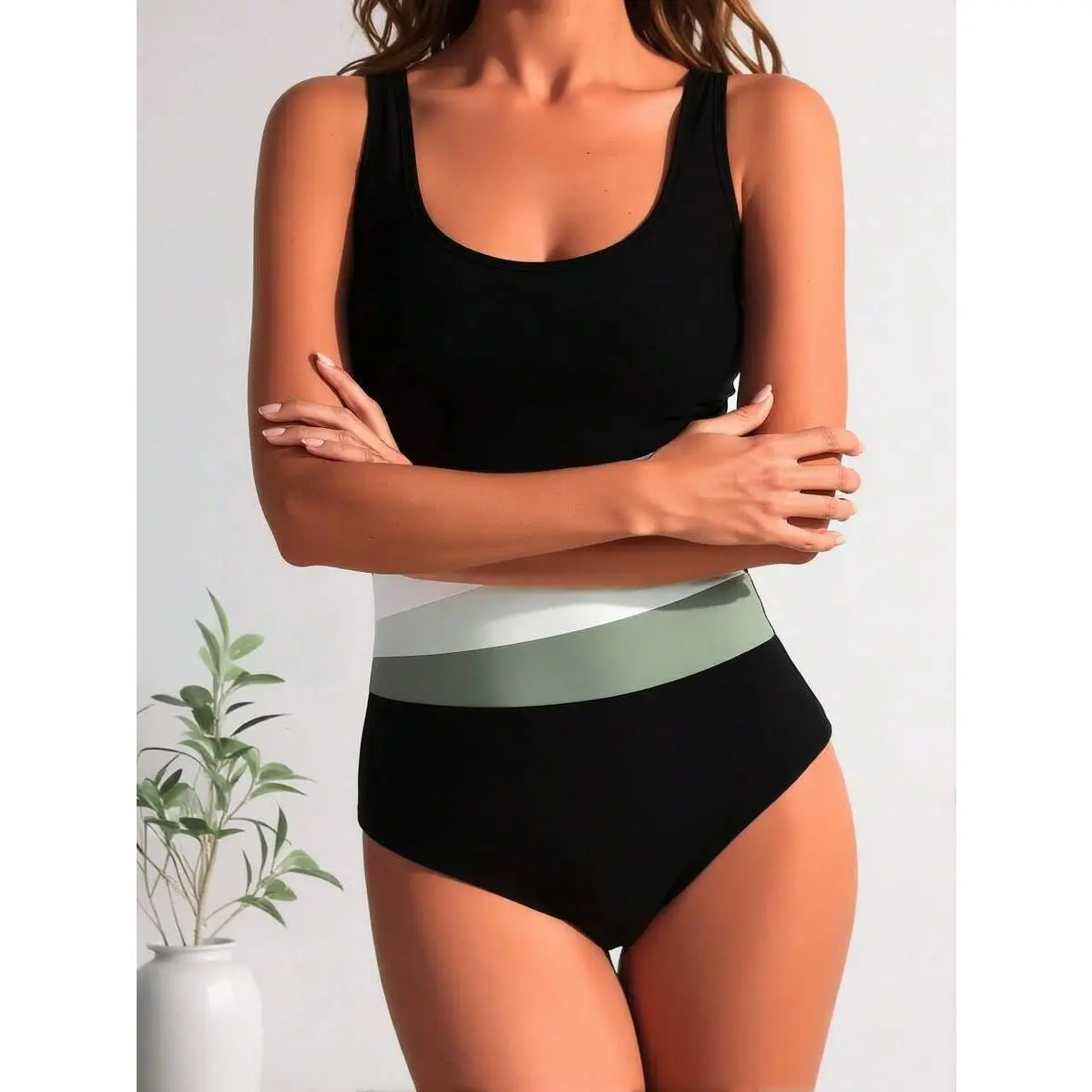 Black & Sage Green Colorblock One-Piece Swimsuit, Scoop Neck Tummy Control Bathing Suit, Slimming Swimwear