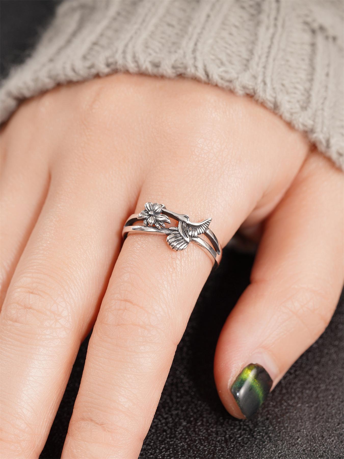 925 Sterling Silver 925 Sterling Silver Cute Bird Design Ring, Wedding Engagement Anniversary Jewelry for Party, Daily Clothing Decor, for Birthday Gift Hummingbird Ring