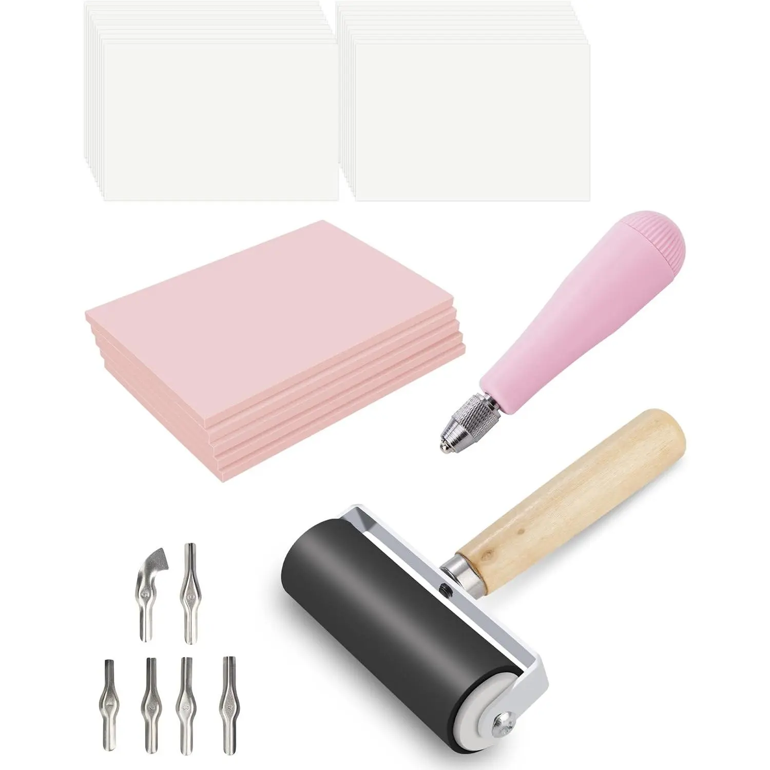 Block Printing Kit Stamp Carving Kit with 5 Soft Rubber Linoleum Blocks 4" x 6" Lino Cutting Tools Brayer 20 Transfer Papers Carving Knife with 6 Blades