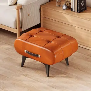 Smooth Faux Leather Portable Footrest Ottoman with Carry Handle, Multi-Purpose Low Padded Stool, Space Saving Accent Seat for Living Room Coffee Table, Entryway Shoe Changing, Bedroom & Small Apartment Decor