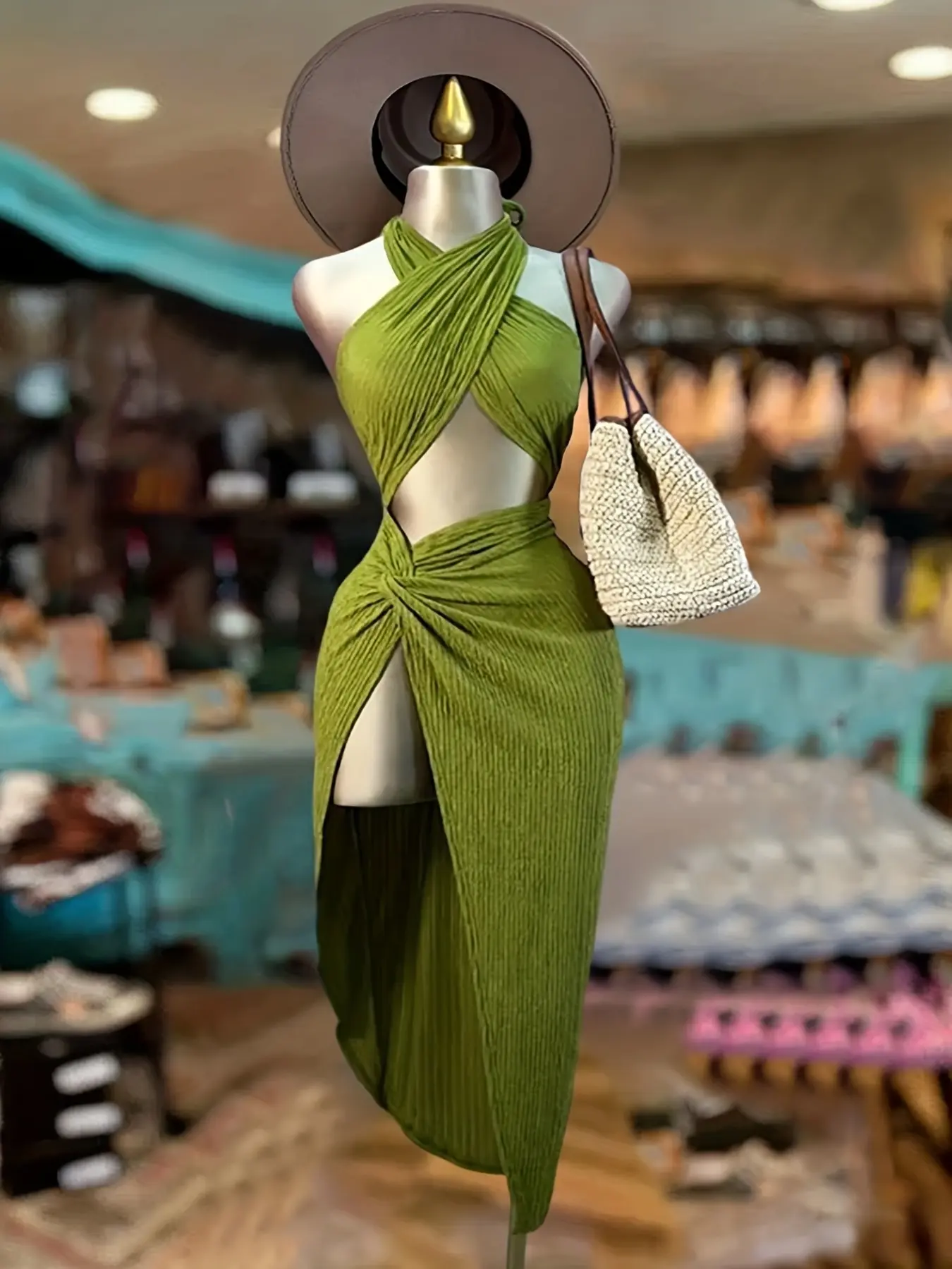 Women's Cross Halter Cutout Twist Slit Midi Dress, Back Tie Open Back Slim Vacation Bodycon Dress