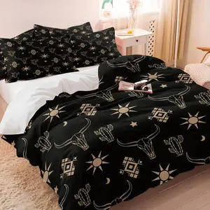 Western Tribal Style Black Gold Bull Skull Cactus Sun Duvet Cover Set, 1 Duvet Cover + 1-2 Pillowcases, Southwestern Aztec Style Bedding Set, Soft Microfiber All Season, Rustic Western Bedroom Decoration, Gift for Western Culture Enthusiast