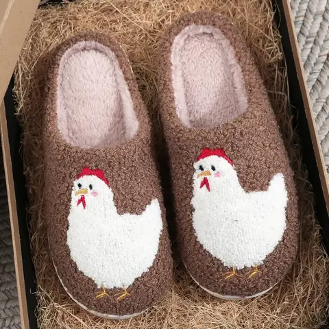 Soft Plush Hen Slippers, Fluffy Warm Home Slippers, House Slippers, Cute Chicken Embroidered Indoor Outdoor Shoes, Fall Winter Gift for Farm Parents