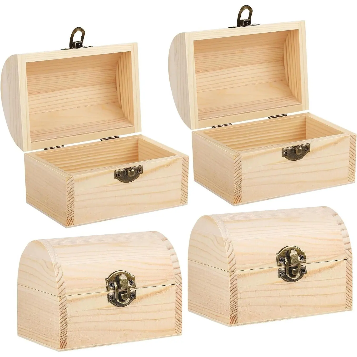 4 Pieces Unfinished Pine Wood Treasure Chest Boxes with Hinged Lid and Locking Clasp, Decorative Plain Wooden Storage Boxes for DIY Crafts, Jewelry, Gifts and Art HobbiesGift