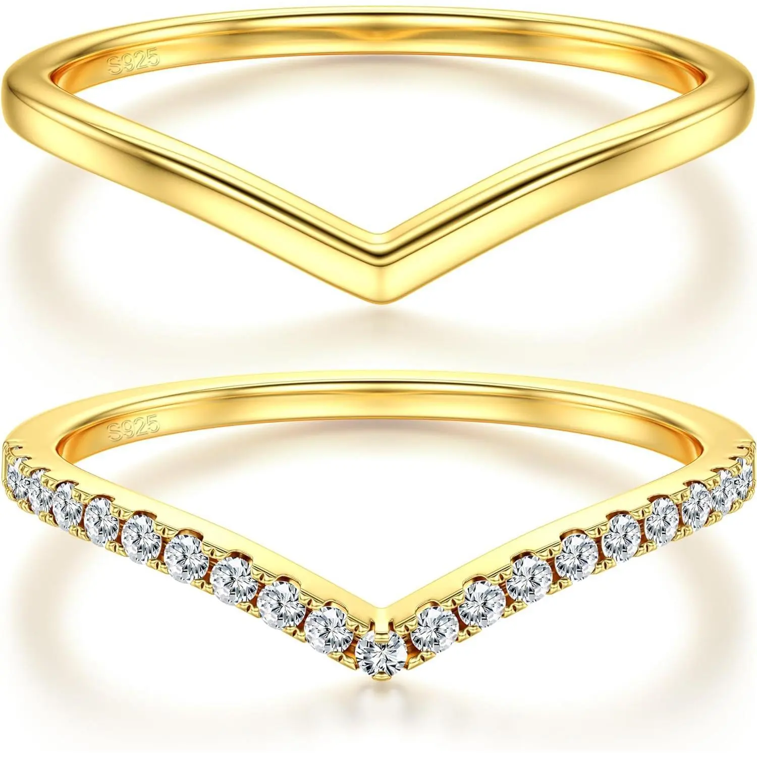 2PCS Silver Rings for Women Silver 14k Gold Plated Wishbone Ring Non Tarnish Wedding Bands Stackable Dainty V Shaped Rings CZ Wedding Rings Promise Ring Engagement 5-10
