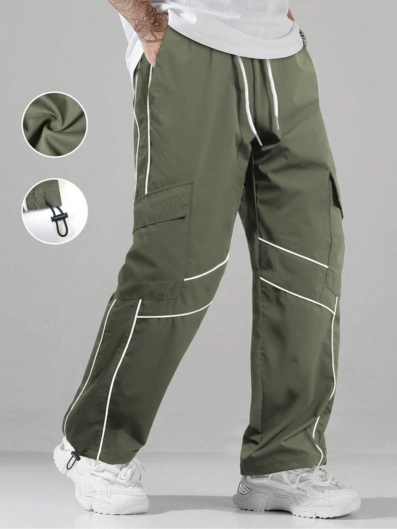 Men's Striped Print Drawstring Waist Pants Breathable Straight Leg Trousers for Outdoor Activities, Athleisure Style Bottoms, Men's Bottoms for All Seasons