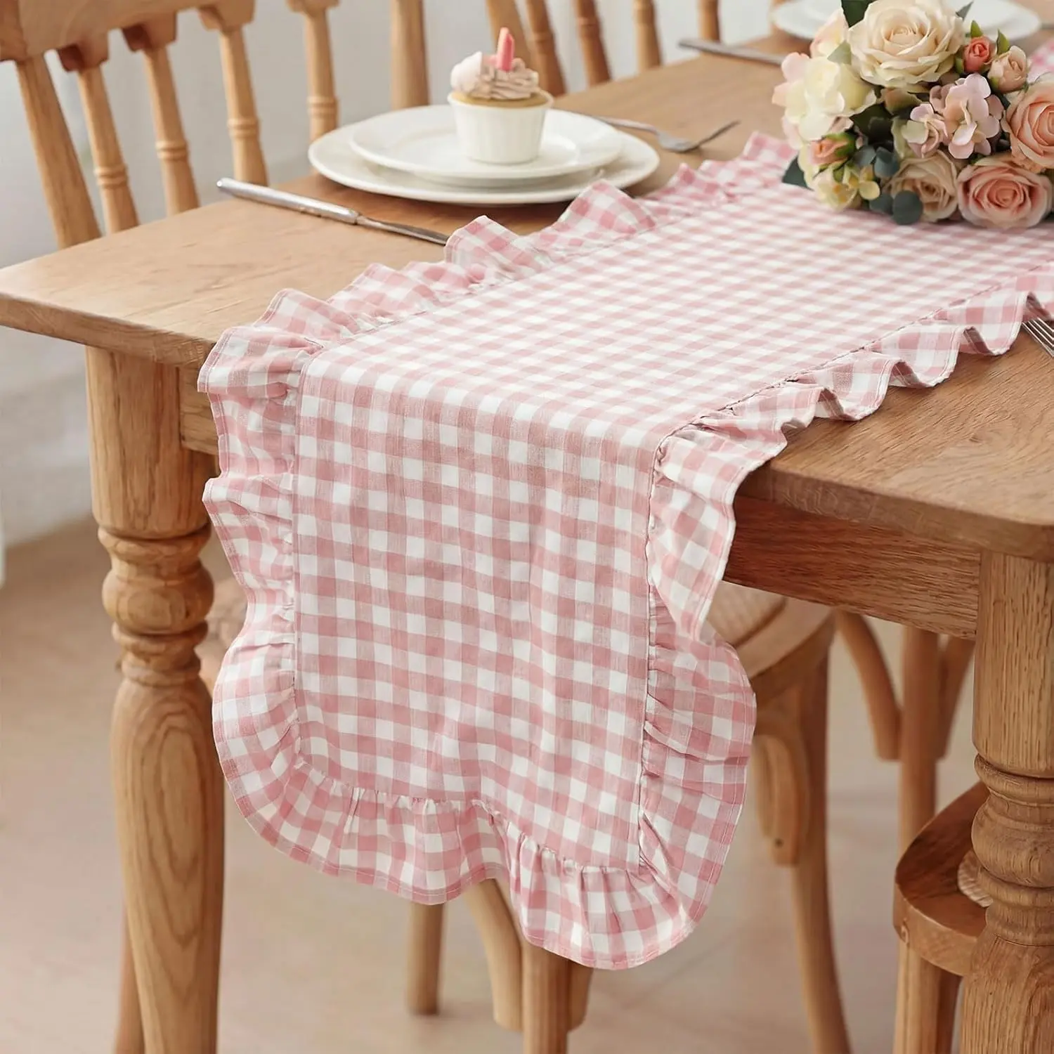 100% Cotton Blush Pink Plaid Gingham Ruffle Table Runner (72in x 13.8in), Scalloped Edge Dresser Scarf - DIY Home Dining Room Decor Supply for Mothers