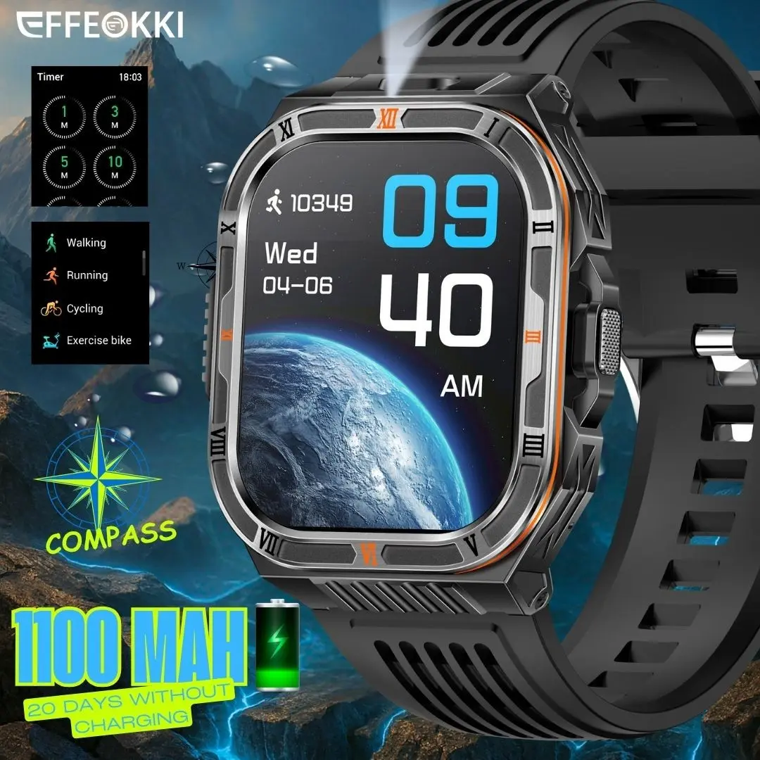 Effeokki Rugged Smartwatch for Men, 1100mah Battery, IP68 Waterproof, Bluetooth-compatible Connectivity, Multiple Sports Modes, Ideal Gift