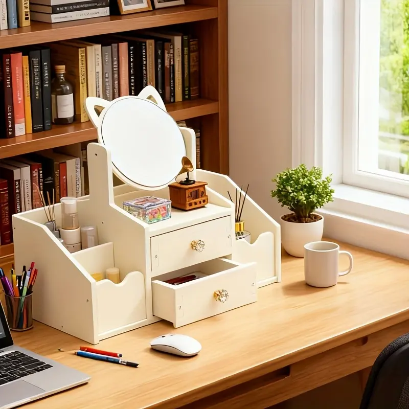 32 parts, 360 ° rotatable vanity mirror, modern white vanity storage rack with drawers, bookshelf and mirror, elegant vanity set, bathroom, living room, bedroom to organize and store cosmetics, holiday gifts.