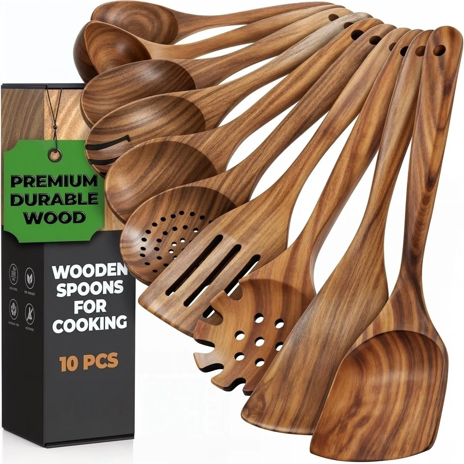 10-Piece Teak Kitchen Utensil Set, Wooden Spoon, Ladle, Strainer, Noodle Scoop, Salad Fork, Ideal for Stirring, Serving, Mixing