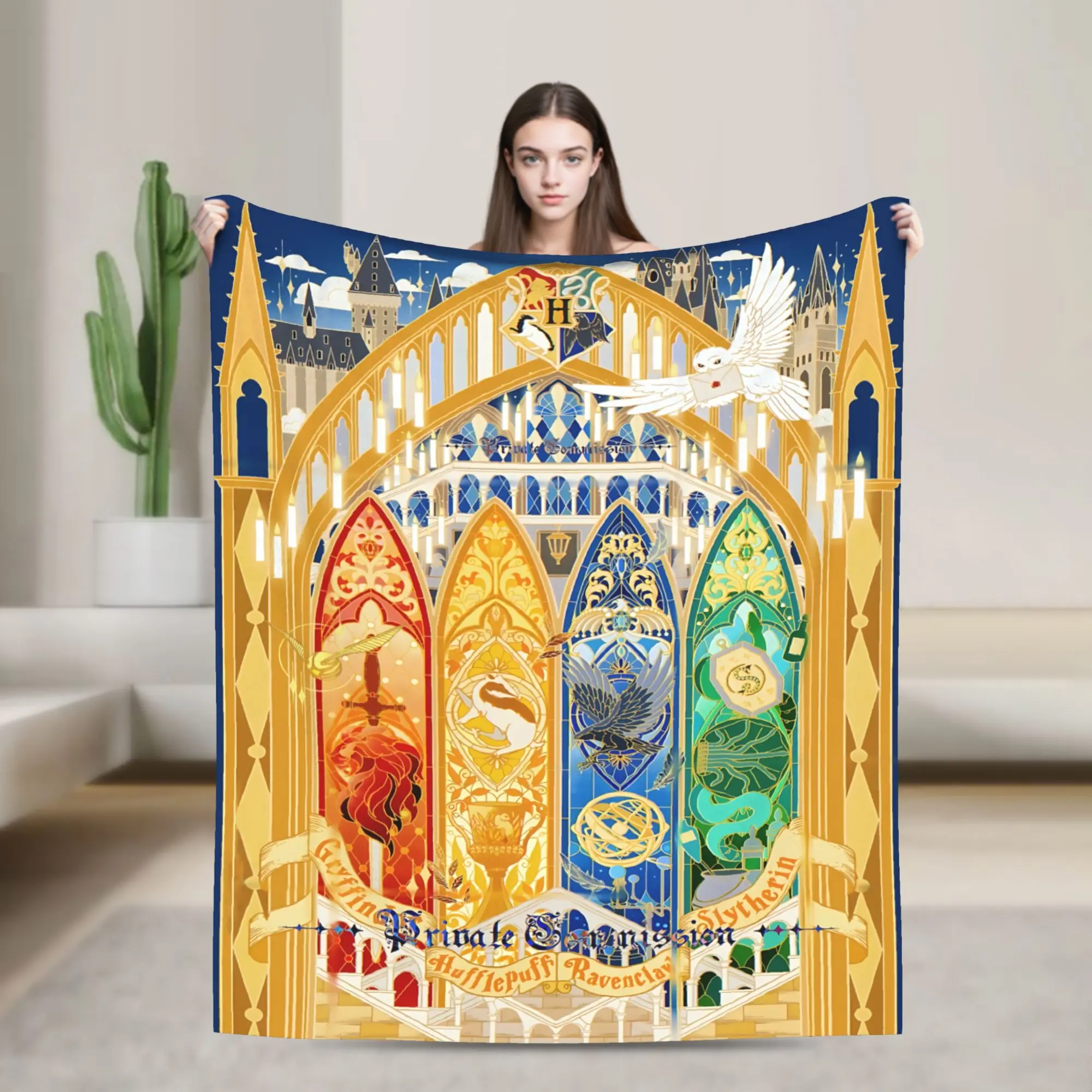Harry Potter Hogwarts Castle Stained Glass Fleece Throw Blanket, Four Houses Gryffindor Hufflepuff Ravenclaw Slytherin Cozy Flannel Blanket, Soft Lightweight Blanket for Sofa Bed Bedroom, Wizard Fan Gift