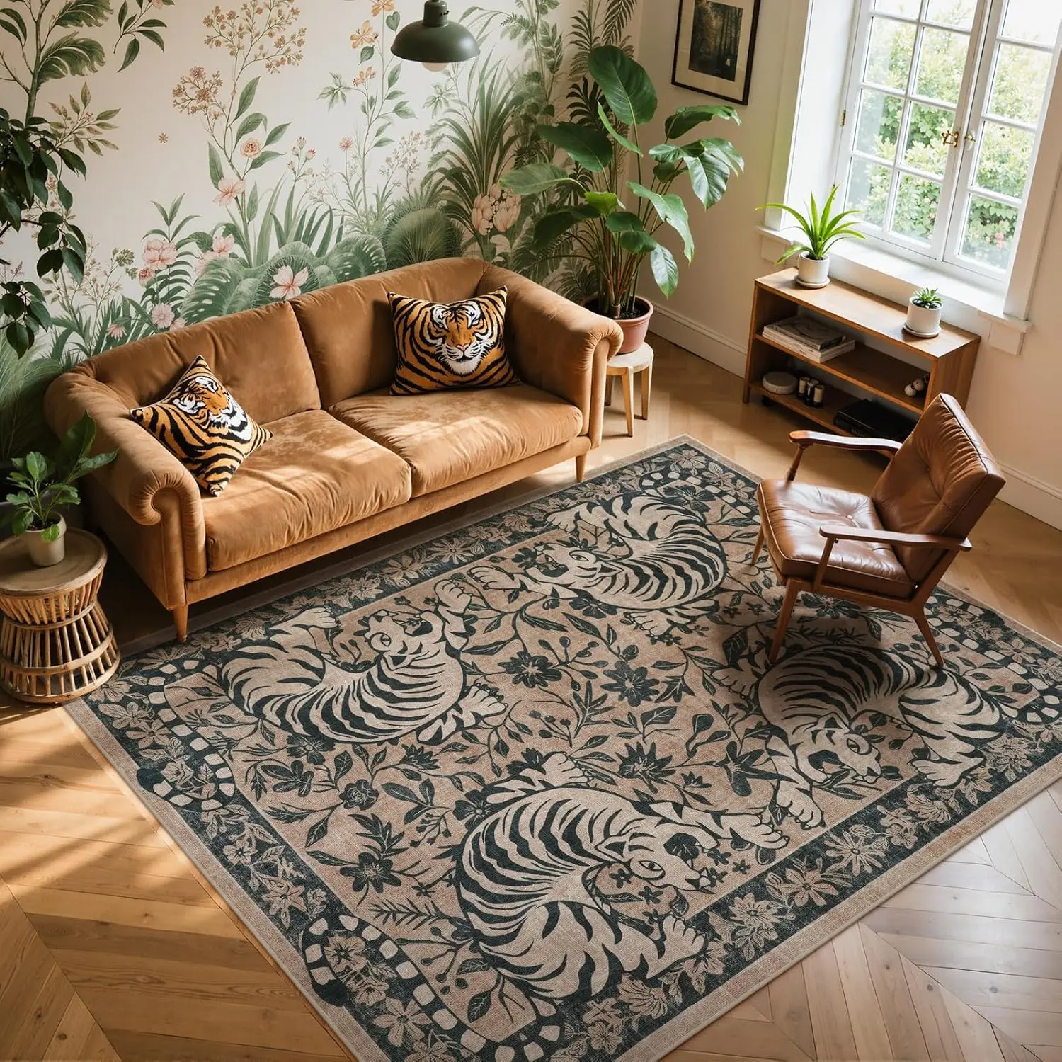Tiger Washable Area Rug 5x7, Non-Slip Boho Rug for Living Room,  Jungle  Floor Carpet for Bedroom Dining Room  Office Dorm (Taupe)