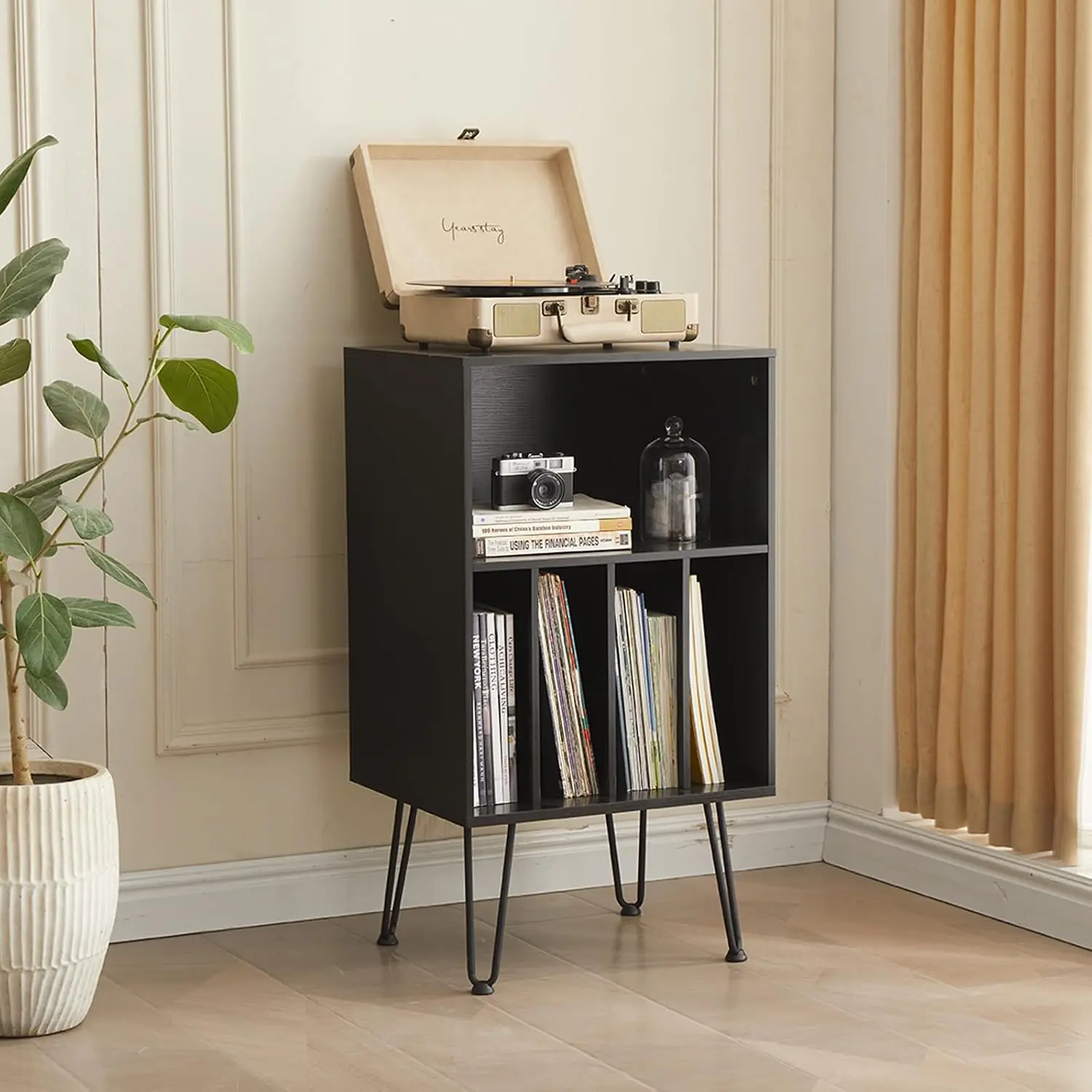 Record Player Stand with Vinyl Storage, Vinyl Record Storage Cabinet Holds Up to 150 Albums, End Table for Record Player, Turntable Stand for Living Room, Black