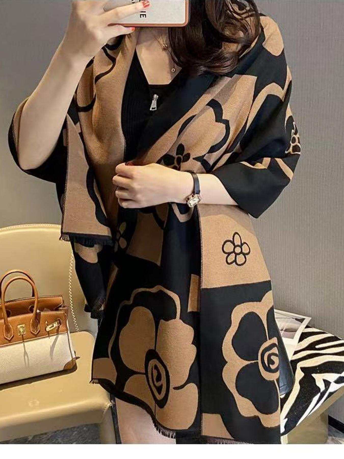 Women's Vintage High-End Plaid Jacquard Knit Scarf, Warm Fashion Accessory for Daily Wear & Air Conditioning Use, Floral Pattern Shawl