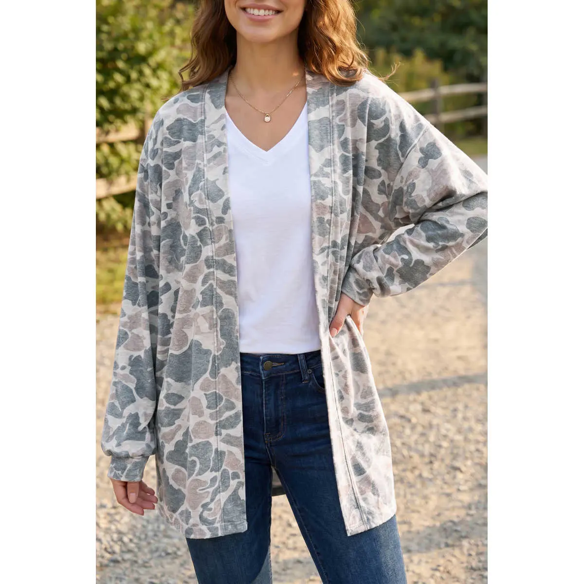 Women Camouflage Open Front Long Sleeve Cardigan Casual V Neck Loose Tunic Sweater Trendy Everyday Layering Top