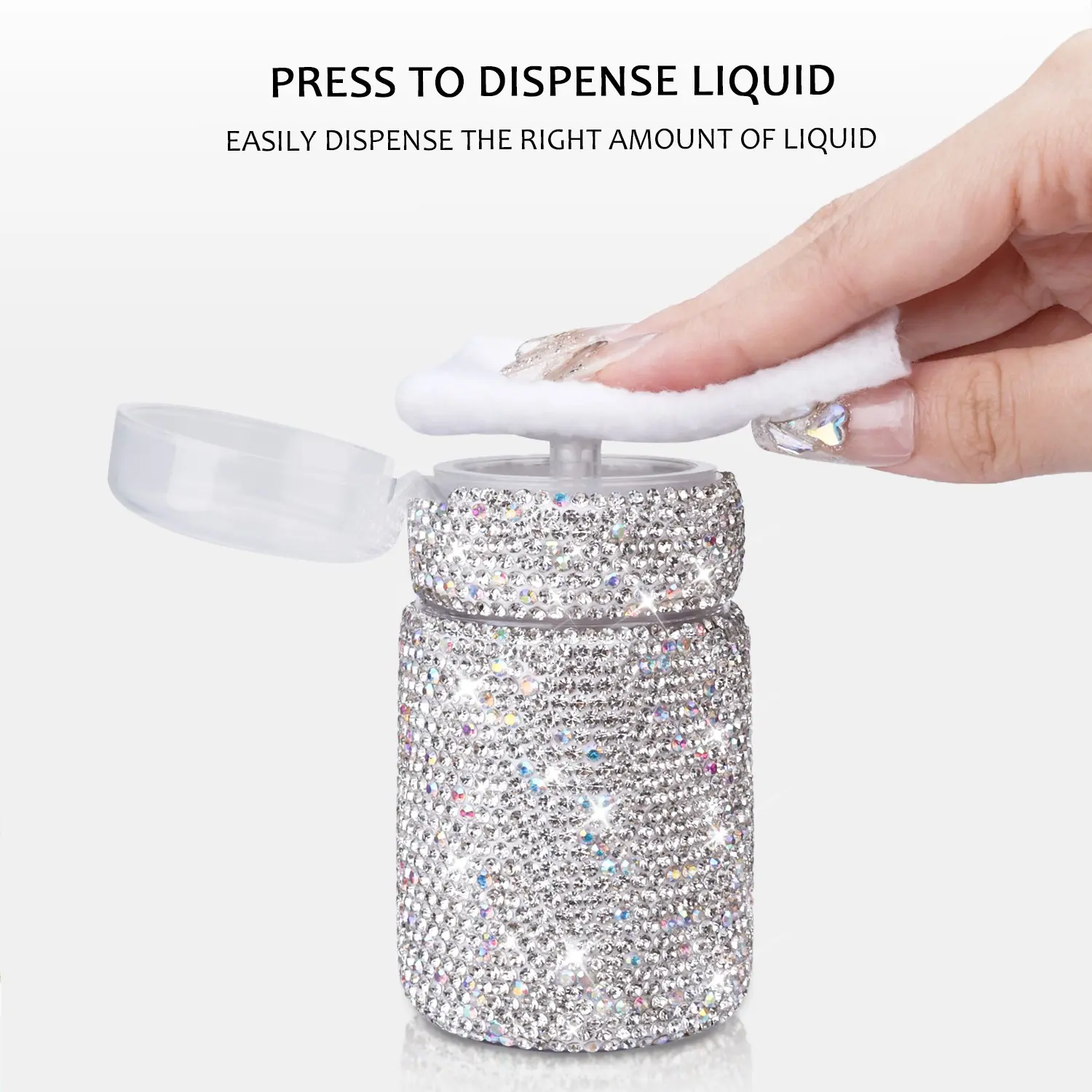 1pc Silver AB Rhinestone Push Down Dispenser Bottle, Leak Proof Flip Cap Press Pump Liquid Container, Refillable Empty Bottle for Nail Polish Remover, Acetone, Toner, Makeup Remover, Manicure Salon Supply