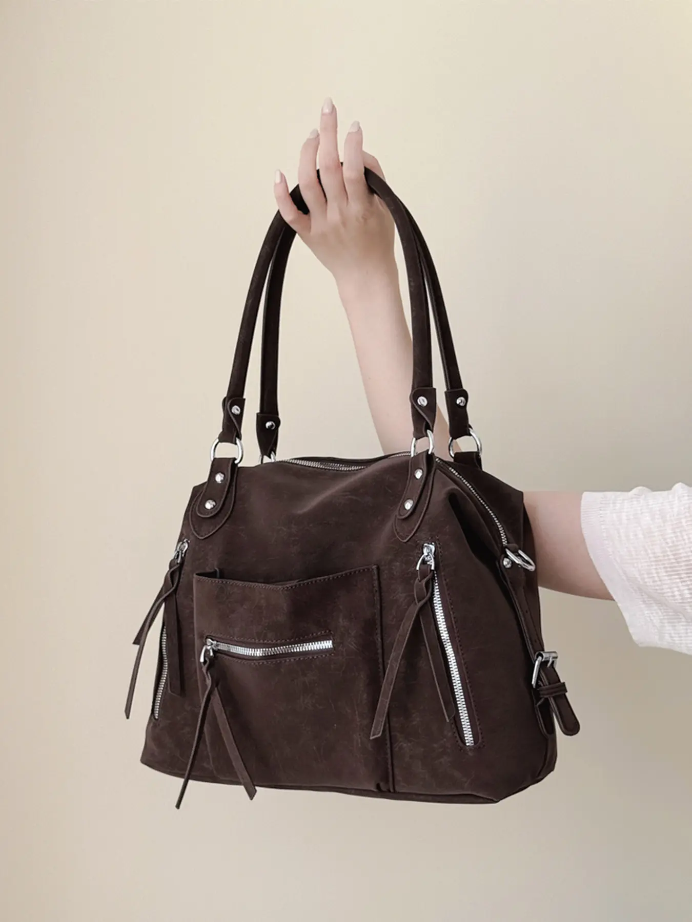 1Pc Coffee Brown Retro Distressed Satchel Shoulder Bag Multi Front Zipper Pockets Tassel Zipper Pull Design Removable Wide Cross Strap Roomy Storage Hand Purse For Ladies Weekend Date Daily Commute