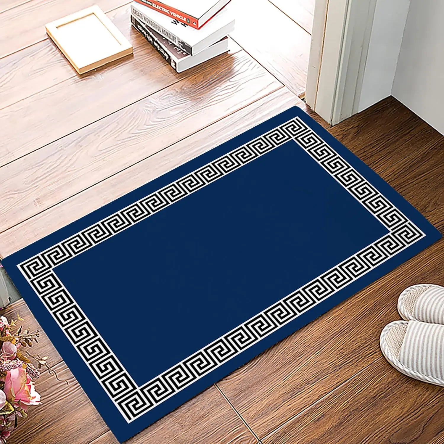 Navy Blue Rugs Bath Mat Absorbent Door Mat for Shower Rug, Greek Key Pattern Geometric Non Slip Soft Microfiber Mat for Sink 18x30 Inch