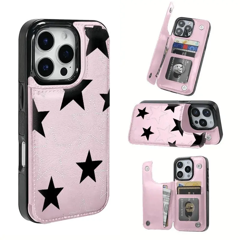 Black Stars with White Stars Cutout Flip Wallet Case for iPhone 12, 13, 14, 15, 16, Pro, Pro Max, Mini, Plus - Includes Credit Card Slots and Key Holder, Mobile Phone Cover with Wallet Carcasa original con gráficos