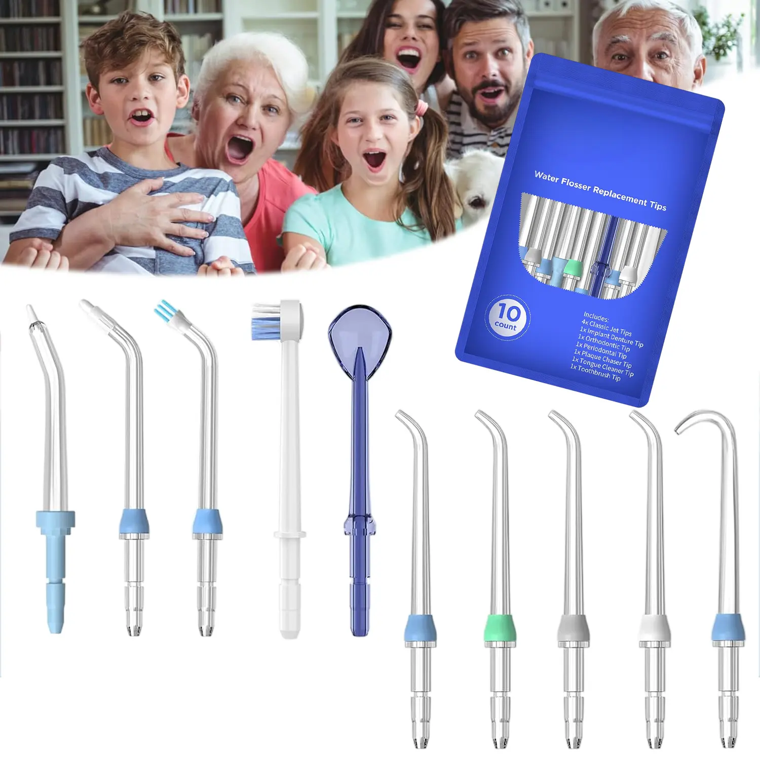10 Pcs Water Flosser Replacement Tips, Multi-Type Oral Irrigator Nozzle Heads, Universal Replacement Picks for Multiple Flosser Models, Color Coded for Family Use