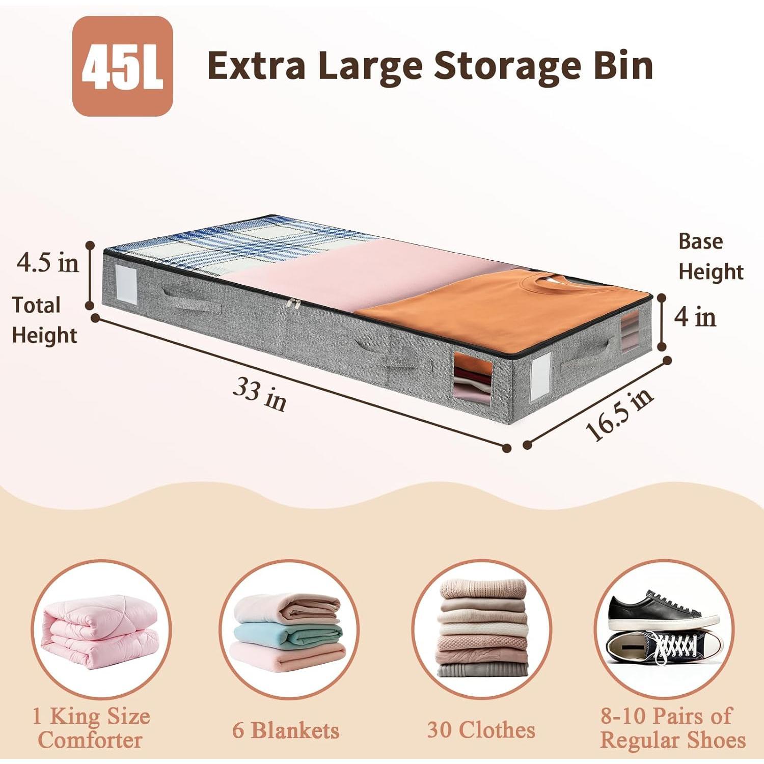 2 Pack Under Bed Storage Containers, 4.5" Low Profile Underbed Storage Bins with Sturdy Support, Stackable Space Saving Organizer with 4 Handles & Label Windows for Shoes Clothes Blankets