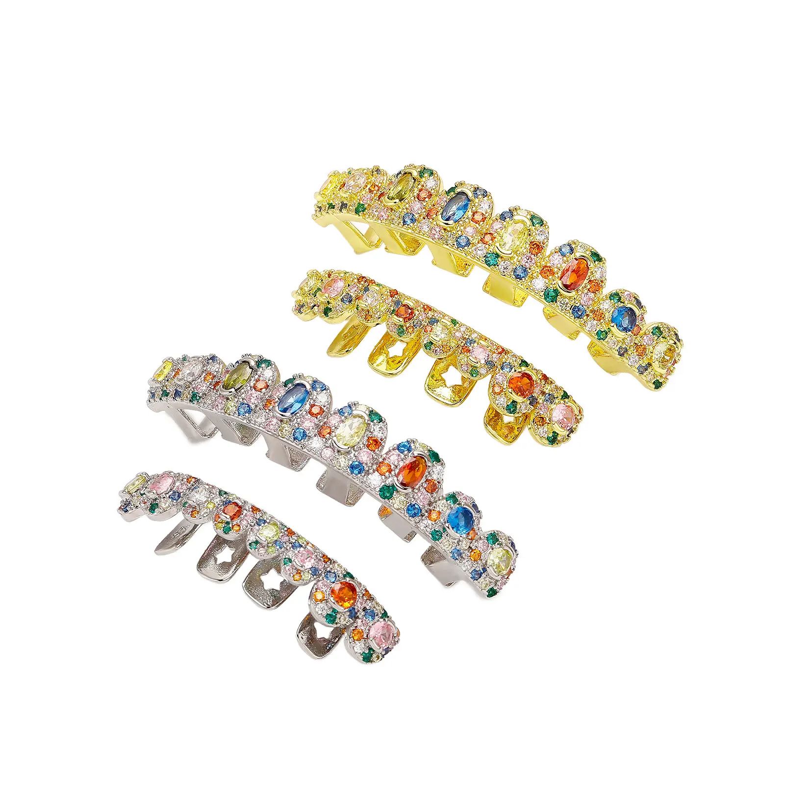 Iced Out Grillz Colorful Cubic Zirconia Teeth Grills, Gold Silver Plated Bling Top & Bottom Tooth Caps, Removable Hip Hop Dental Jewelry for Rapper Party Cosplay