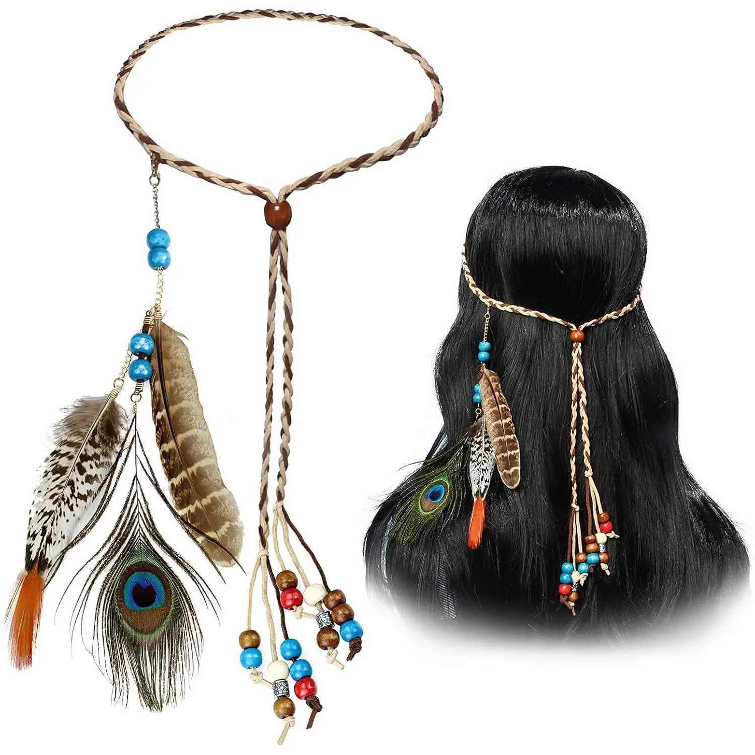 Boho Feather Headbands Indian Feather Headband Peacoak Headpieces Festival Costumes Hair Accessories Women and Girls