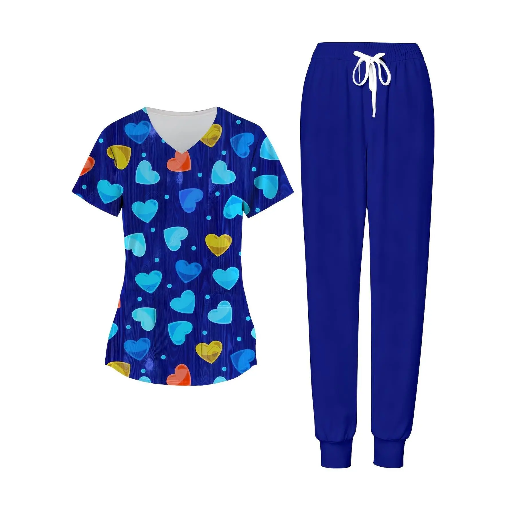 Women'S Scrubs Set Heart Print Blue V-Neck Scrub Top And Pants with Pockets Casual Uniform for Valentine, Carnival, St. Patrick'S Day Comfortable Breathable Stretch Fabric Soft Fit for Work Or Leisure Wear