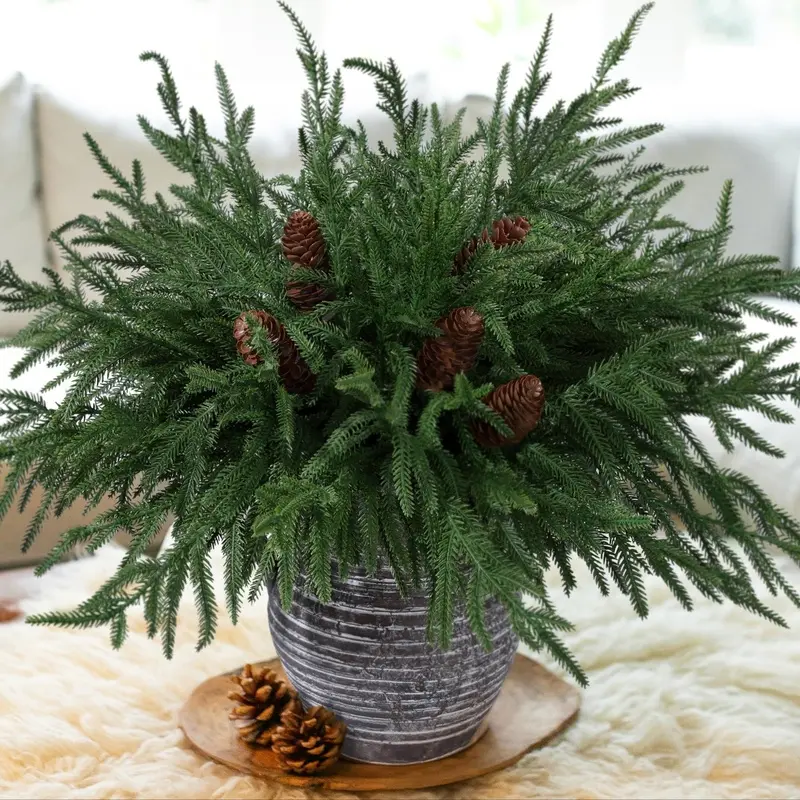 20 Christmas Norfolk Pine Branches, realistic 17-inch artificial Norfolk pine branches with 12 large pine cones, simulated DIY green plant pine branches, suitable for indoor and outdoor home decoration.