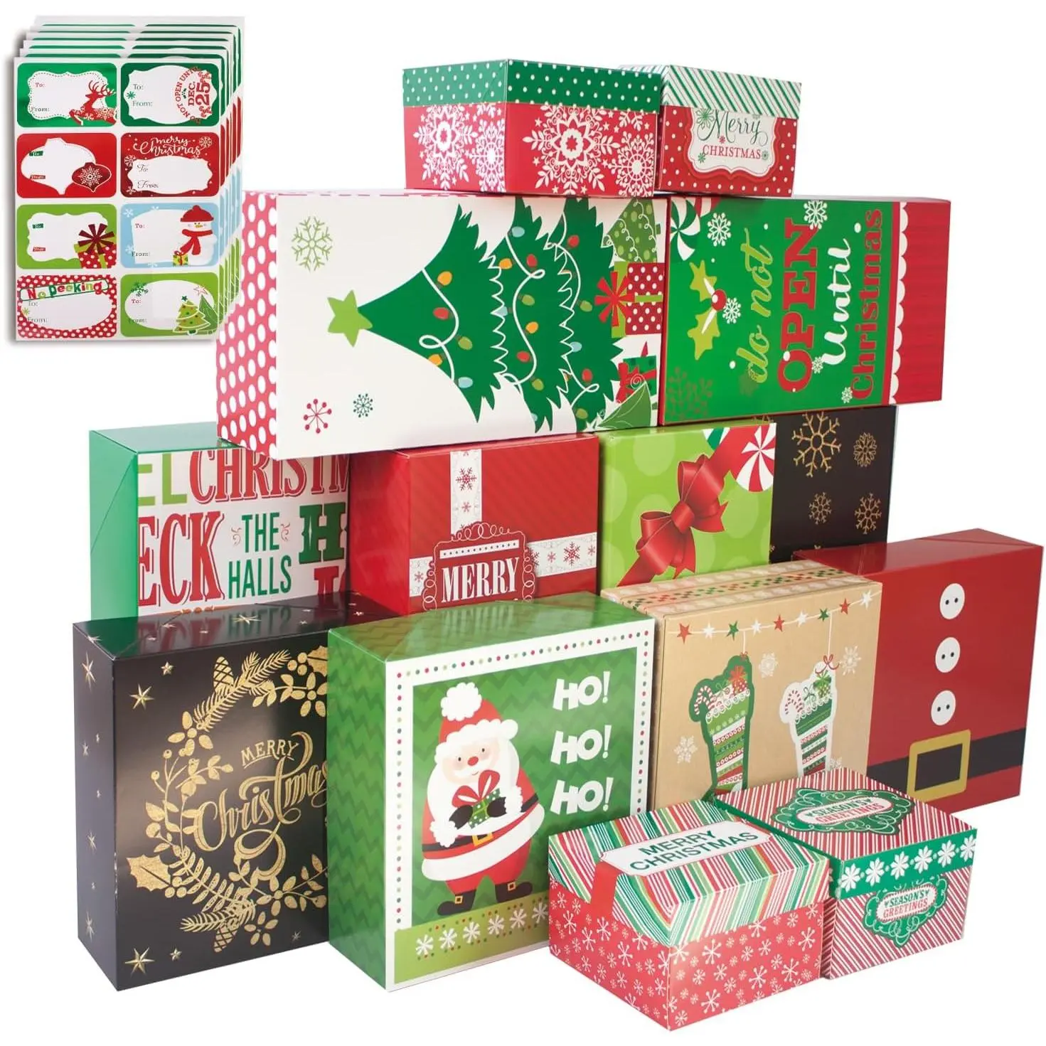14 Decorative Christmas  Boxes with  and 80-Count Foil Christmas  Tag Stickers ( size, 6 Rectangle, 4 Square, 4 Small Square)