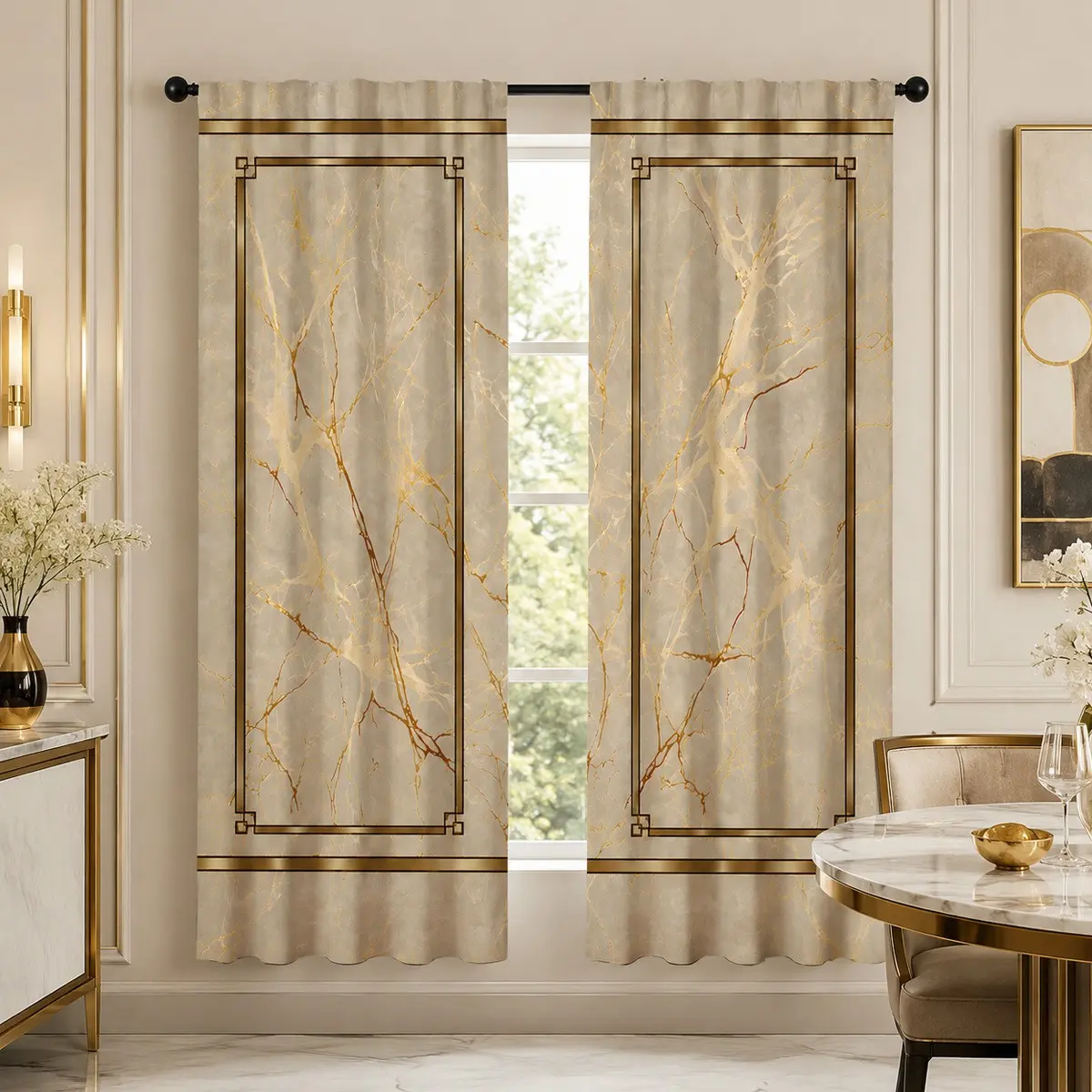 New Modern Asian Gold Trim Marble Curtain Set, 2 Panels Light Blocking Luxury Gold Pattern Square Frame, Living Room Master Bedroom Decor, Window Drapes