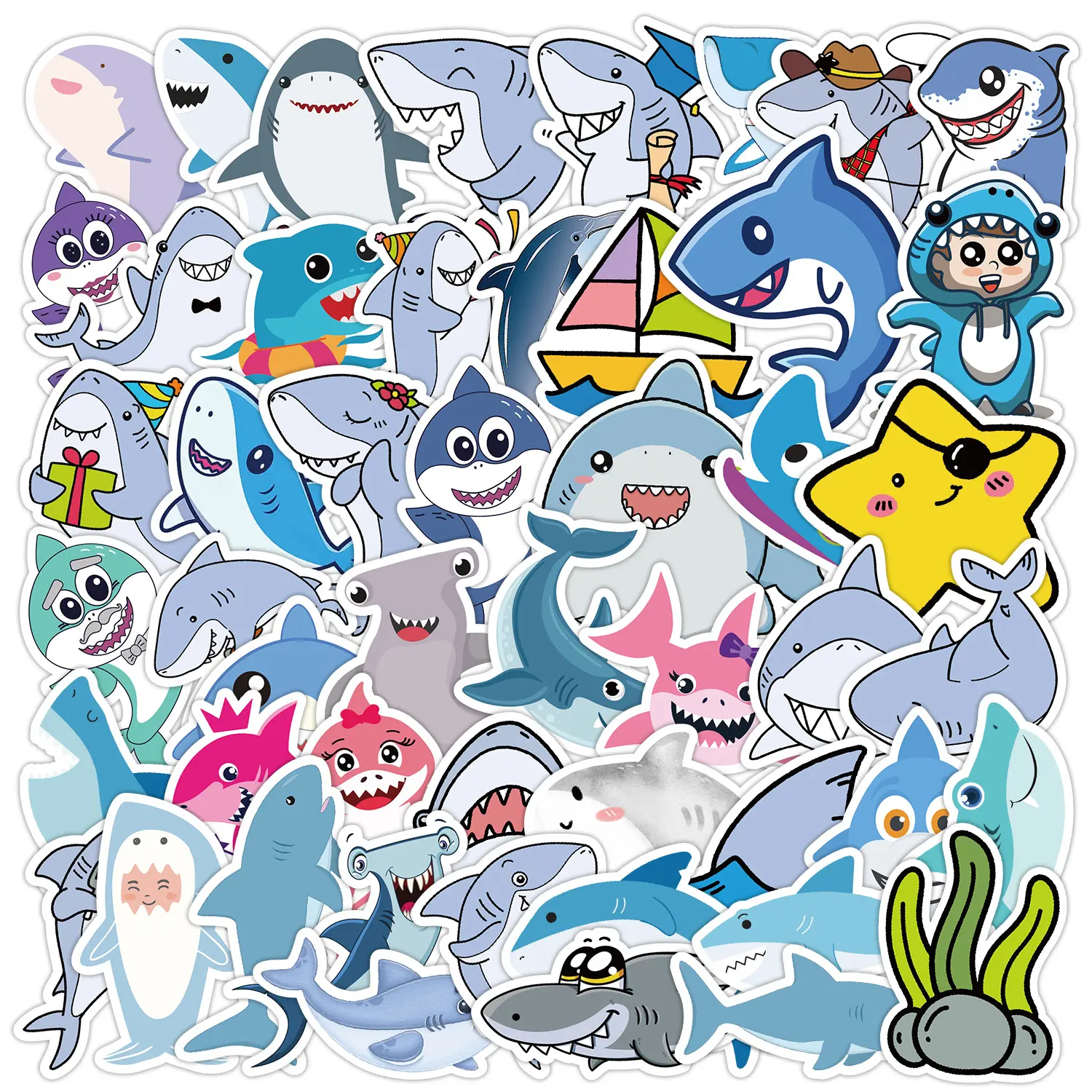50pcs Cute Cartoon Shark Stickers, Ocean-Themed Decorative Office Stickers, Suitable for Crafts and DIY Creations, Durable Material, Easy To Apply, Perfect Gifts for Ocean-Themed Holidays.