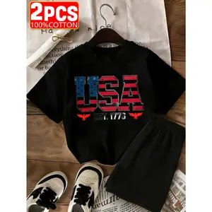 Independence Day 2pcs New Summer Outfit for Girls, Short-Sleeve T-Shirt And Shorts with USA Flag Print And Eagle And 1776 Design, 100% for Outdoor