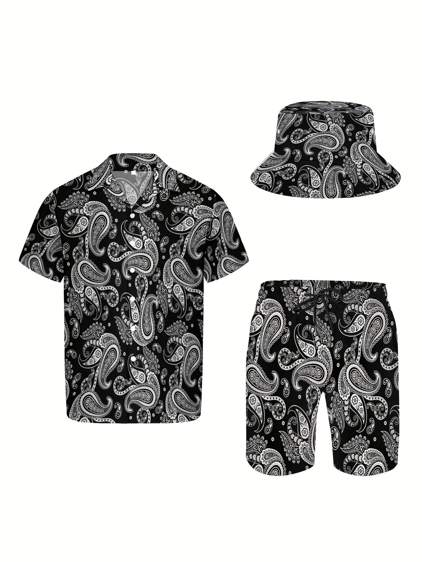 3pcs Men'S Hawaiian Shirt And Short Set, Classic Paisley Floral Soft Fabric Breathable Shirt Button Short Sleeve Casual Beach Shirts Outfits With Bucket Hats