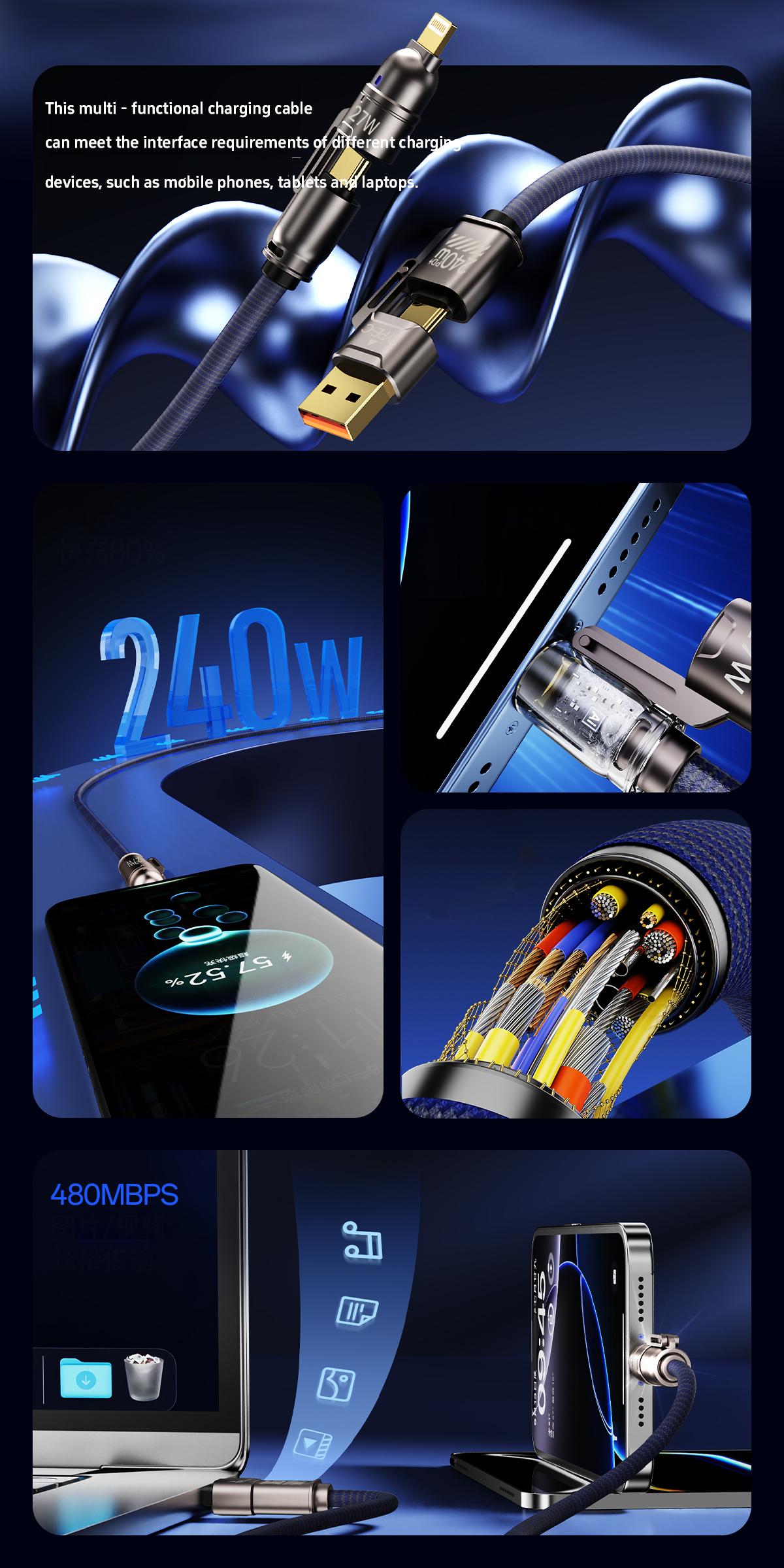 Navy Blue 4-in-1 Fast breathing Charging Cable for Apple Lightning & Android Type-C Devices Braided Wires Compatible with Mobile Phones Laptops Tablets Cellphone Charger 240w USB-C PD Long Cord Bend Resistant