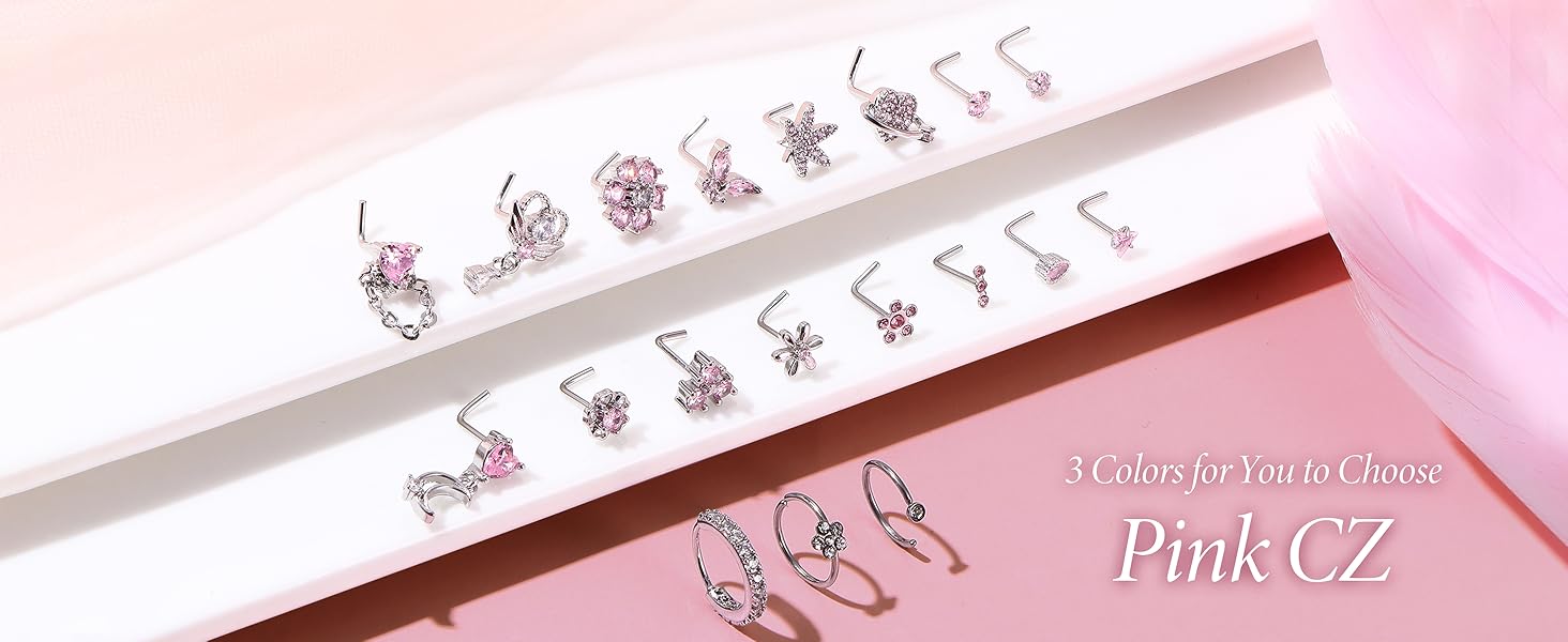 Trendy Summer Nose Rings L Shaped  Hypoallergenic Stainless Steel Nose Ring-Dangle CZ Butterfly Flower Nose Studs Hoops Piercings Jewelry Gift for Women Men 20G Pink/Blue/Clear