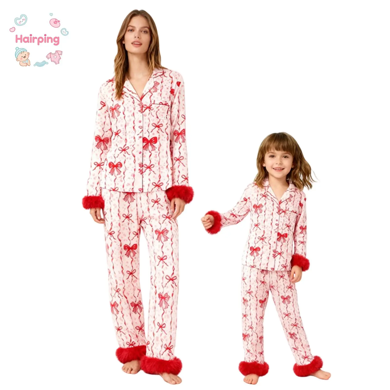 Mommy & Daughter Valentine's Matching Polyester Sleepwear Set, 2Pcs Longsleeves Heart-Printed Tops with Pants, Baby & Maternity Gift Clothes, Women's Clothes