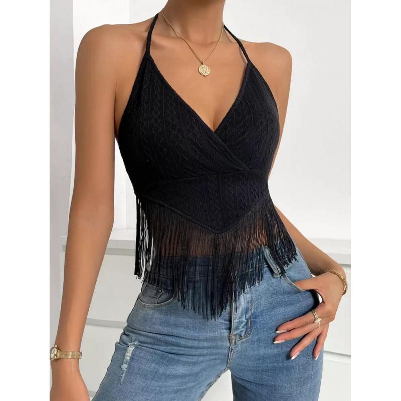 Backless Fringe Hem Halter Top, Women's Fringe Top, V-neck Slimming - Country Music Festival Outfit, Fringe Hem Bohemian Rodeo Vest, Party Vest,Black Fringe Halter Crop Top