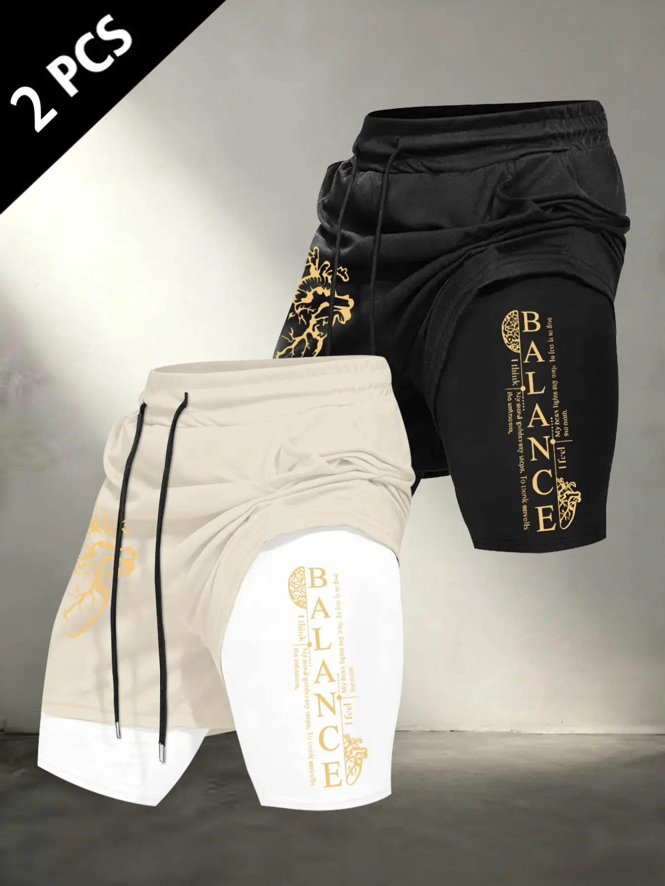 Men Fake Two Layer Workout Shorts, BALANCE Heart Graphic Letter Print Compression Liner, Drawstring Waist Side Pocket Quick Dry Gym Running Training Athletic Sports Shorts #HeartPrintShorts #FakeTwoPieceGymShorts #BalancedFitnessBottoms