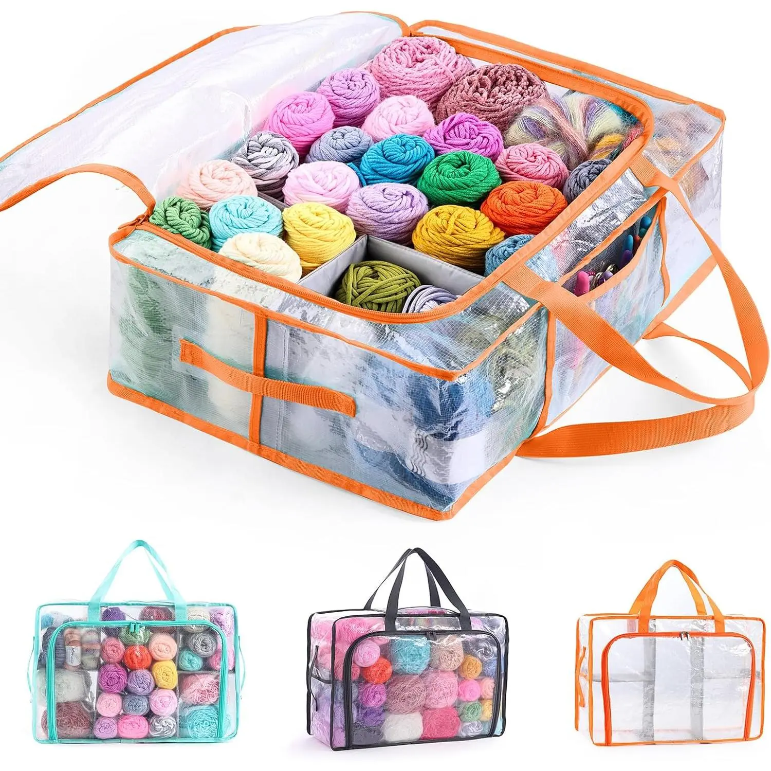Clear Yarn Storage Bags, 21" Large Flat Under Bed Yarn Organizer with Zipper & Handles, Stackable Knitting and Crochet Storage for Closet Shelves, Craft Room, Yarn Skeins, Hooks &