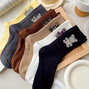 6 pairs of Korean-style fashionable water diamond bear decorative socks with a sense of design and personality, versatile outerwear, pile socks, mid-calf cotton socks