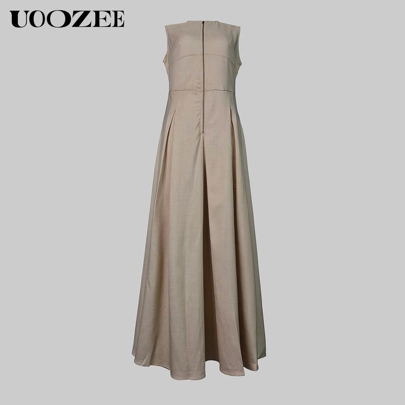 UOOZEE Women's Summer Casual Elegant A-line Loose Pleated Pockets Zipper Round Neck Long Minimalist Dress. Smaller Bust Fit One Size Up Recommended for C - Cup Above & smaller bust can order a normal size. Multiple colors, Sleeveless Womenswear Check