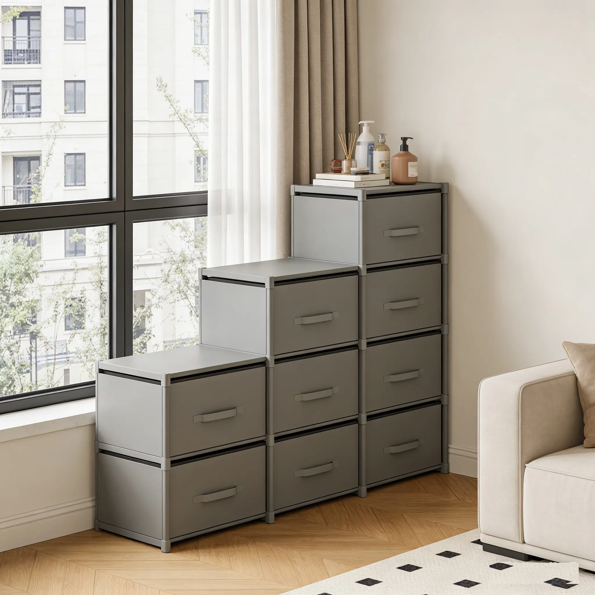Sturdy Metal Frame Drawer Storage Cabinet, Large Capacity Fabric Dressing Table, Modern / Multi-Drawer Wardrobe, Space-Saving Design