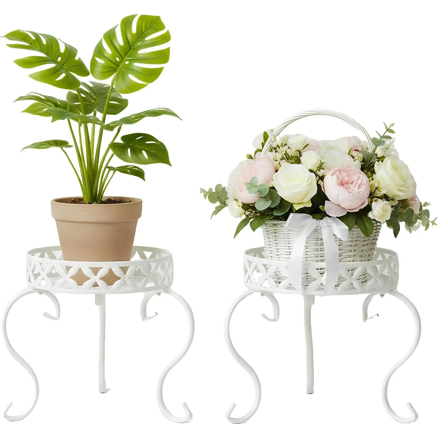 2 Pack Metal Plant Stand for Flower Pot, Heavy Duty Potted Plant Holder Support Rack, Rustproof Iron Round Plant Pedestal Display Stands for Indoor Outdoor, Floor, Garden, Patio, Balcony, White